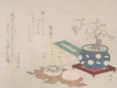 Bonsai plomme, kompass og lommesolur med design av kalender, fra Spring Rain Surimon..., 1806. av Shinsai