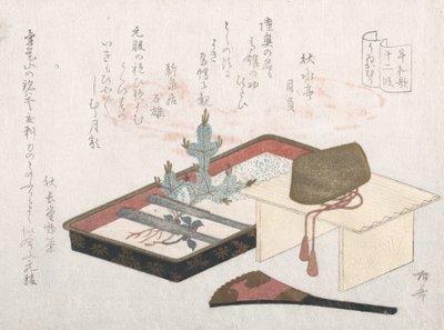 Krone på et bord, lakkbrett med ung furu og vifte, 1800-tallet., 1800-tallet. av Shinsai