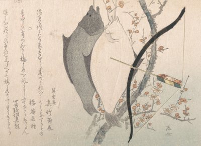 Kveiter og en bue med pil hengende på et plommetre, 1800-tallet., 1800-tallet. av Shinsai