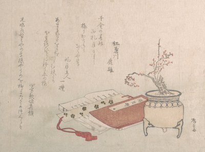 Potted Plomme Tree in Blossom and Books, 1800-tallet., 1800-tallet. av Shinsai