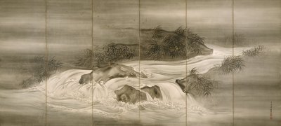 Elvelandskap med ildfluer, 1874 av Shiokawa Bunrin
