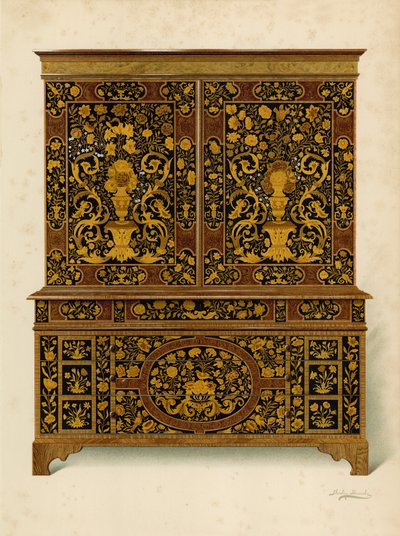 Kabinettpresse innlagt med Marqueterie, eiendom til Marquess of Exeter (chromolitho) av Shirley Charles Llewellyn Slocombe