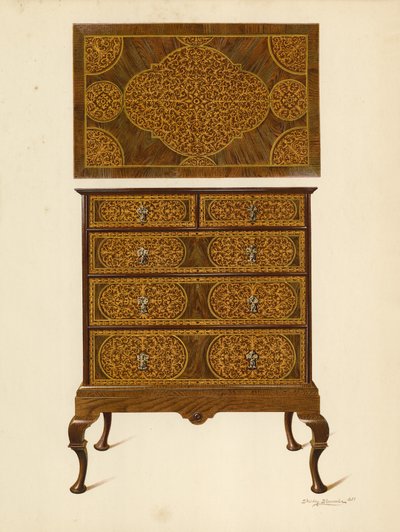 Kommode innlagt med Marqueterie (chromolitho) av Shirley Charles Llewellyn Slocombe