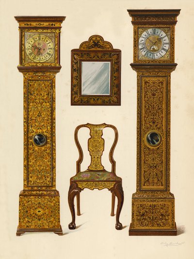 Klokke innlagt med lys Marqueterie, eiendom til Percy Macquoid; Klokke innlagt med Dark Marqueterie, Victoria and Albert Museum; Valnøttstol innlagt med marqueterie; Speil (chromolitho) av Shirley Charles Llewellyn Slocombe