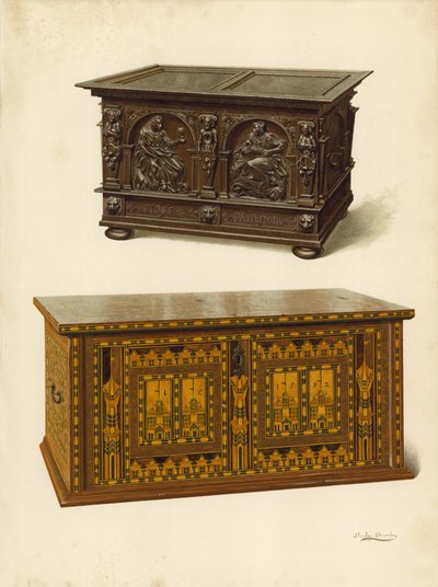 Oak Chest, eiendom til Seymour Lucas; Eik innlagt Nonesuch Chest (chromolitho) av Shirley Charles Llewellyn Slocombe