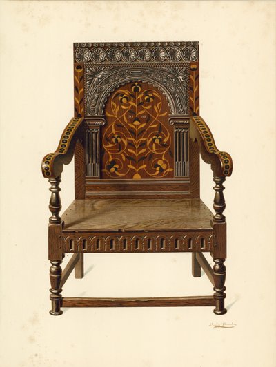 Oak Inlaid Chair, eiendom til frøken Dorothy Chune Fletcher (chromolitho) av Shirley Charles Llewellyn Slocombe
