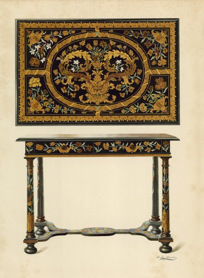 Bord innlagt med Marqueterie, eiendom til Lord Zouche av Haryngworth (chromolitho) av Shirley Charles Llewellyn Slocombe