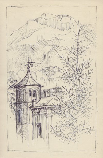 Kirke og fjell, Italia, c1950. av Shirley Markham