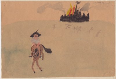 Jente på hest på flukt fra det flammende fortet, c1941. av Shirley Markham
