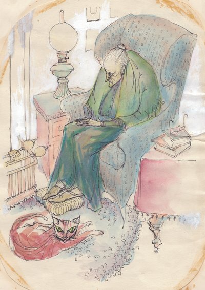 Gammel kvinne og katt, 1951. av Shirley Markham
