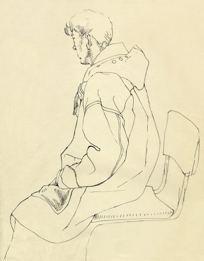 Sittende mann i duffelcoat, c1952. av Shirley Markham