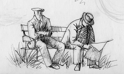 To menn på en benk, ca 1950. av Shirley Markham