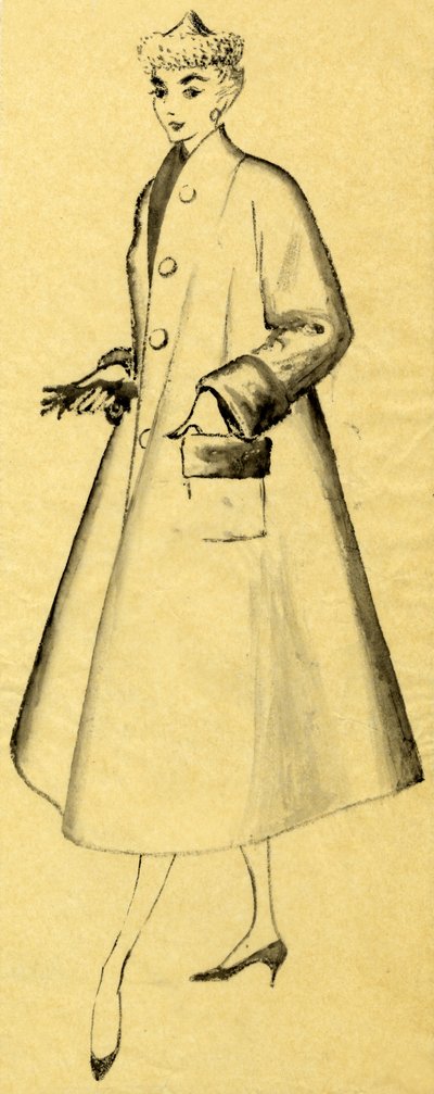 Kvinne i støvkåpe og spiss hatt, c1952. av Shirley Markham