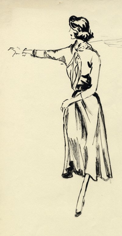 Kvinne i helskjørt med utstrakt arm, c1950. av Shirley Markham