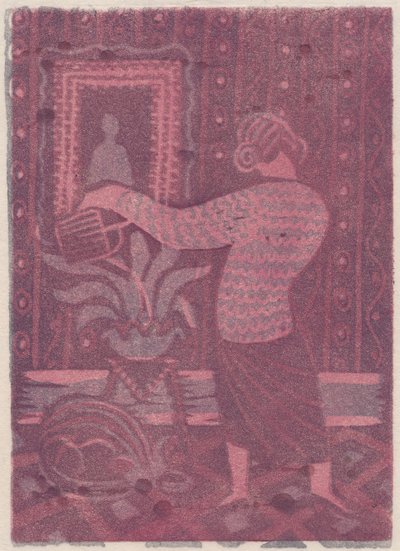 Kvinne som vanner planter, c1951. av Shirley Markham