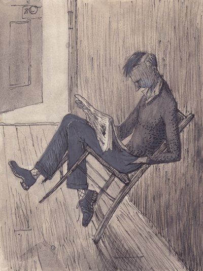 Ung mann lener stolen mot en vegg, 1952. av Shirley Markham