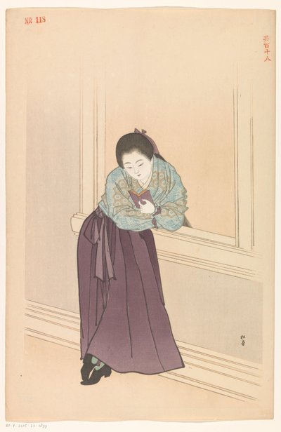 Kvinne leser foran et vindu av Shodo Yukawa