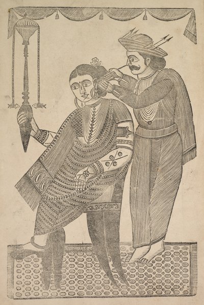 En frisør som renser øret til en kurtisane, 1800-tallet. av Shri Gobinda Chandra Roy