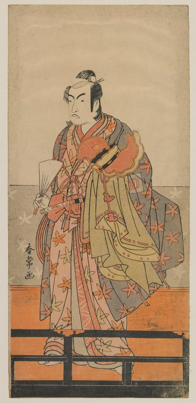 Kabuki-skuespiller Ichikawa Monnosuke II holder en Gagaku-danserhjelm og -kappe, Edo-perioden, ca. 1780-tallet (treblokktrykk i farger) av Shunjo