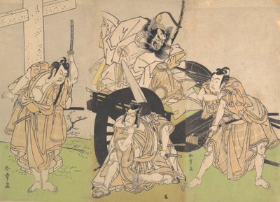 Kabuki-skuespillere Ichikawa Yaozo II, Nakajima Mihoemon II, Ichikawa Ebizo III ..., 7. måned, 1776. av Shunsho