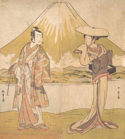 Skuespilleren Bando Mitsugoro som en mann i overdådige klær, stående på et felt..., ca. 1778. av Shunsho