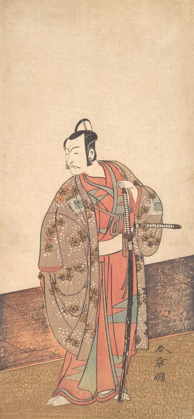Skuespilleren Ichikawa Danjuro V står inne i et hus og foran en engawa, ca. 1772. av Shunsho