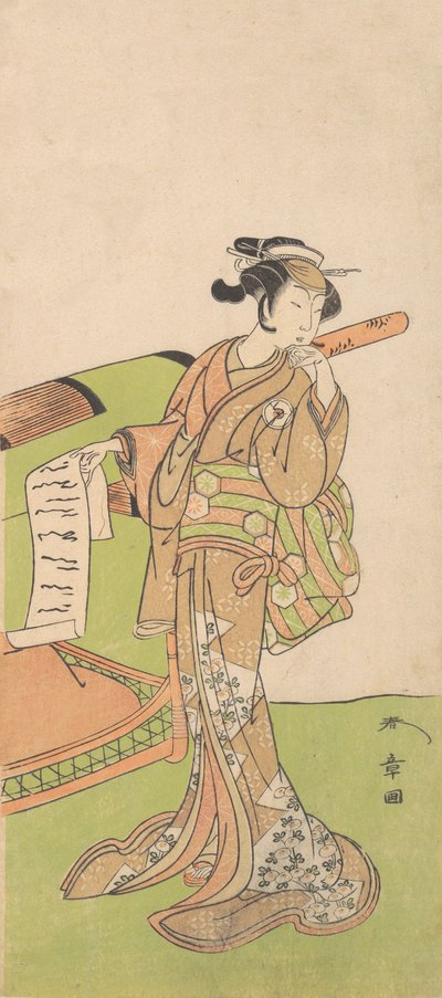 Skuespilleren Iwai Hanshiro IV i kvinnelig rolle, står ved siden av et kull, 1726-1792. av Shunsho
