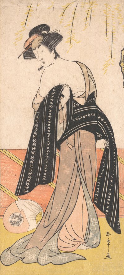 Skuespilleren Nakamura Riko som en Oiran som binder hennes Obi, ca. 1779. av Shunsho