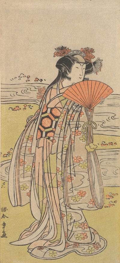 Skuespilleren Segawa Kikunojo III som en kvinne som står nær en svingete bekk, ca. 1777. av Shunsho