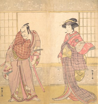 Den femte Ichikawa Danjuro som en mann som står i et rom, ca. 1780. av Shunsho