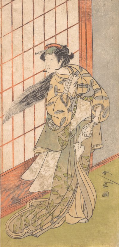 Den første Nakamura Tomijuro som en sint kvinne som står i et rom, 1772 eller 1773. av Shunsho