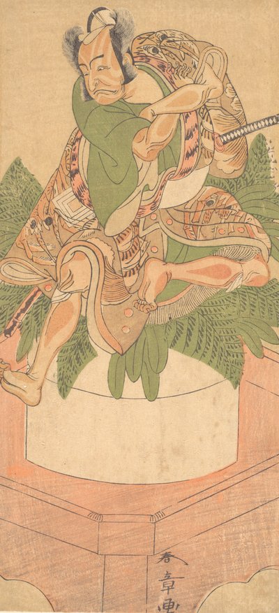 Den fjerde Ichikawa Danjuro som en Yakko-tjener satt på en stor kake av Mochi..., 1772. av Shunsho
