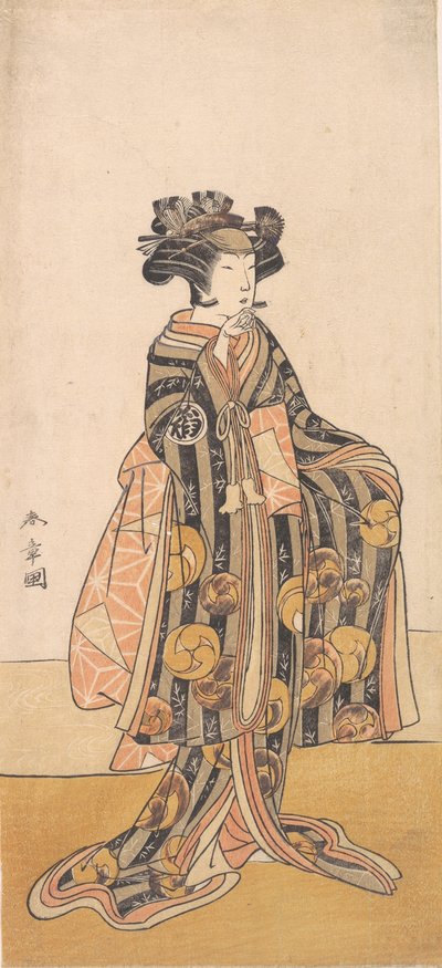 Yoshizawa Iroha som kvinne Tomoe Gozen stående på bredden, 1774 eller 1775. av Shunsho