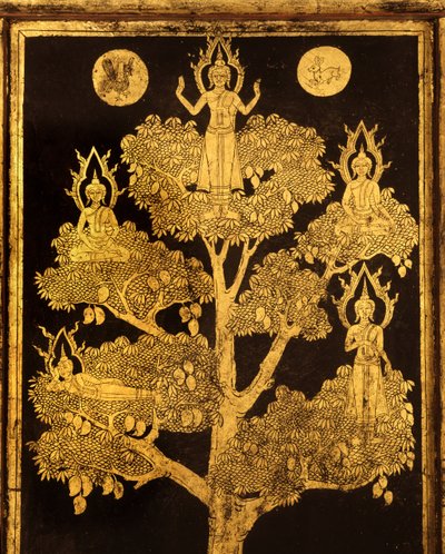 Bakpanel av et manuskriptskap med buddhistiske scener, sannsynligvis sen Ayutthaya-periode (lakkert og forgylt tre) av Siamese School