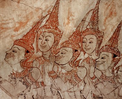 Detalj av veggmaleriene som viser himmelske guddommer fra slutten av Ayutthaya-perioden (maling på stein) av Siamese School