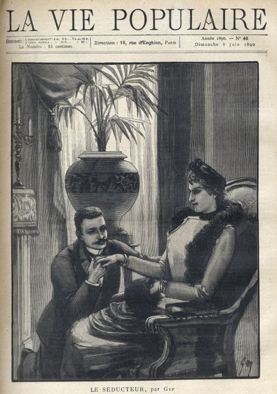 A man on his knees is holding the hand of an elegant woman, sitting in a bourgeois living room, wearing his coat, a sleeve and a fur scarf. Illustration for Le Seducteur par Gyp (Sibylle Gabrielle Marie Antoinette Riquetti de Mirabeau, Countess of Martel d av Sibylle Gabrielle de Riquetti de Mirabeau