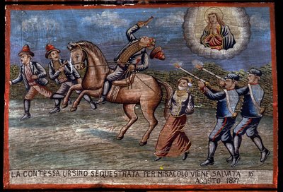 Ex-voto (ex voto) siciliansk: "" Den bortførte grevinnen Ursino ble nettopp reddet ved mirakel den 16.08.1871". Representasjon av en brigandage (Brigantaggio): De tre ranerne bortfører grevinnen mens Carabinieri skyter mot dem. . av Sicilian School