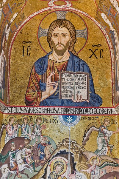 Palatinerkapellet (basilikaen), den sørlige apsis eller St Pauls "absidiola", mosaikker: "Christ Pantocrator" og "Nativity", XII århundre av Sicilian School