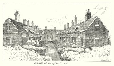 Almshus i Lyford, Berks (gravering) av Sidney Heath