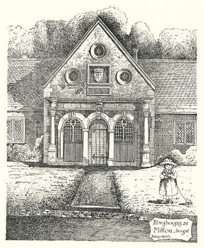 Almshus i Milton, Dorset (gravering) av Sidney Heath