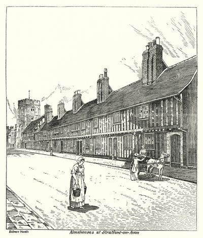 Almshus i Stratford-on-Avon (gravering) av Sidney Heath