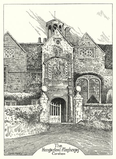 The Hungerford Almshouses, Corsham (gravering) av Sidney Heath