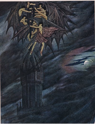Lucifer og englene hans skynder seg! Skynd deg! O dere ånder, dra det tunge korset av jern fra dens stasjon av Sidney Meteyard