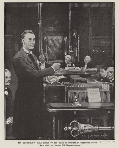Joseph Chamberlains tale om boerkrigen i Underhuset 2. august 1901 (litho) av Sidney Paget