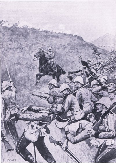 Langs Nek, 28. januar 1881 (1. Boer War), illustrasjon fra British Battles on Land and Sea, 1915 av Sidney Paget