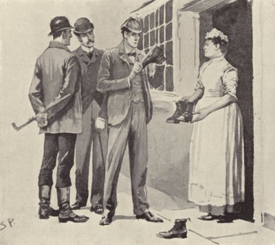 Hushjelpen viste oss støvlene: scene fra Sherlock Holmes-historien The Boscombe Valley Mystery, av Arthur Conan Doyle (litho) av Sidney Paget