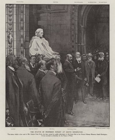 Statuen av professor Thomas Henry Huxley i Great Hall of the Natural History Museum, South Kensington, London (litho) av Sidney Paget