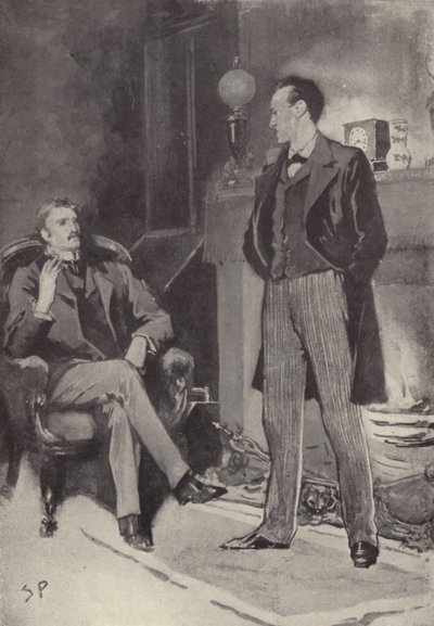 Så sto han ved bålet: scene fra Sherlock Holmes-mysteriet A Scandal in Bohemia, av Arthur Conan Doyle (litho) av Sidney Paget
