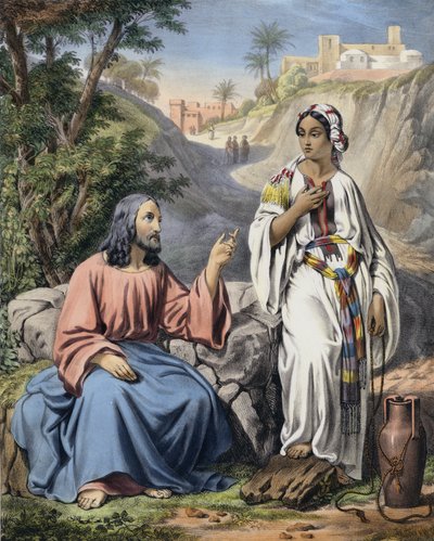 Kristus og kvinnen i Samaria ved Jakobs brønn (farget gravering) av Siegfried Detler Bendixen