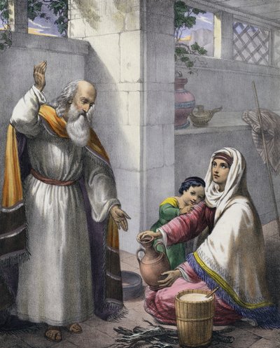 Elijah og enken fra Sarfat (farget gravering) av Siegfried Detler Bendixen